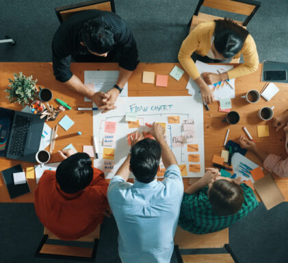 Top view of business man put scrum board on table at meeting room. Convocation.